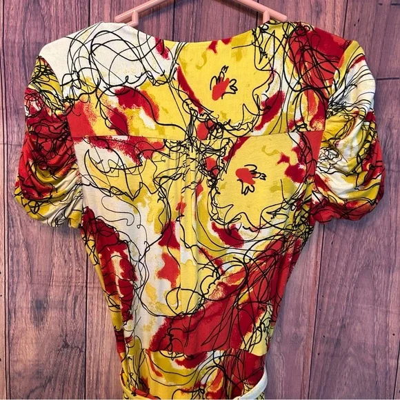 Saks Fifth Avenue Red and Yellow Puff Sleeve Midi Sundress - Picture 7 of 7